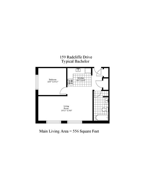 Floor plan for studio, 1 bath, 556 sqft